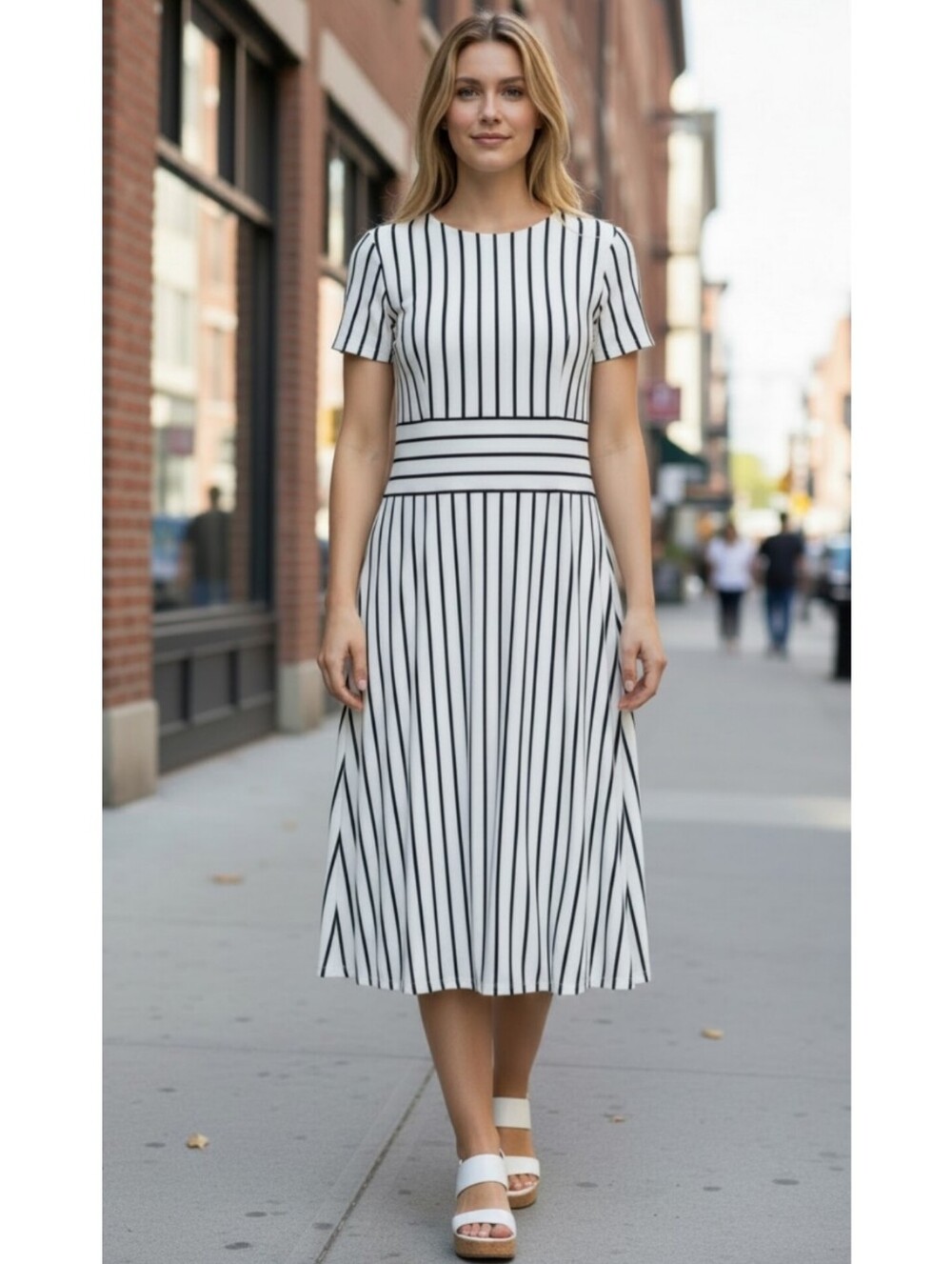 Lauren Ralph Lauren 14 midi dress striped fit flare short sleeves white stretch